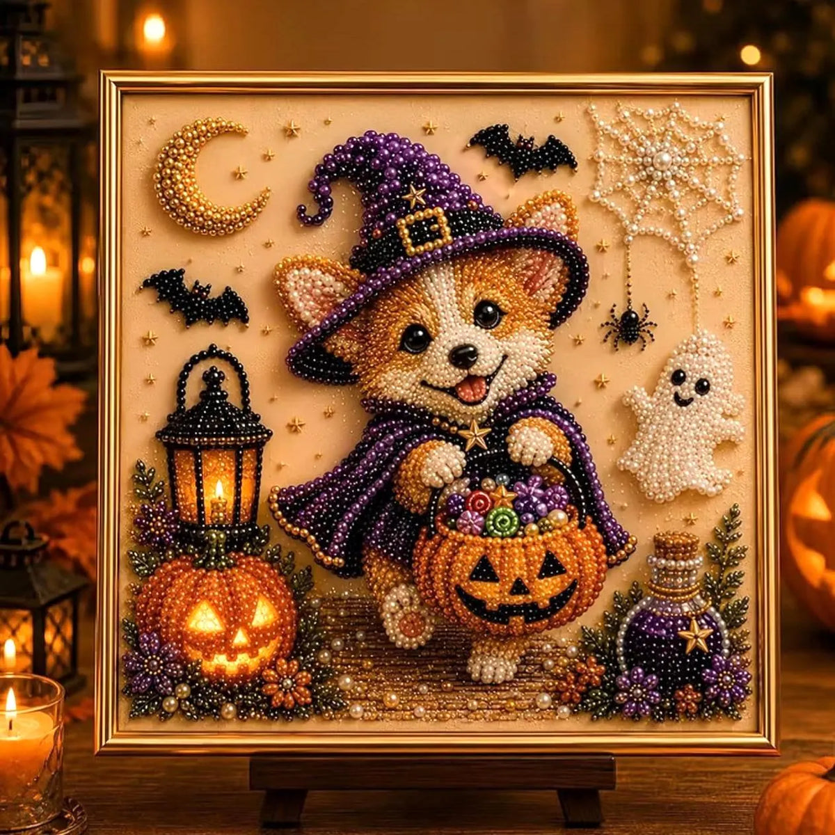 Framed Halloween Corgi - Pearls Painting Kit DIY Halloween Diamond Painting Pearl Dot Crafts 30x30CM