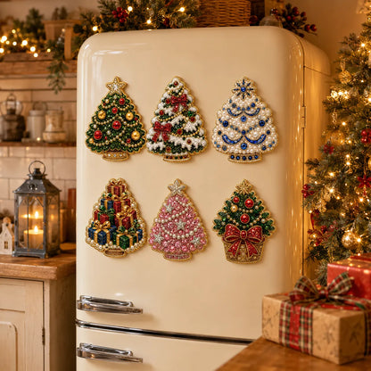 6pcs DIY Colorful Tree Ornaments Pearls Diamond Painting Fridge Magnet Christmas Decor