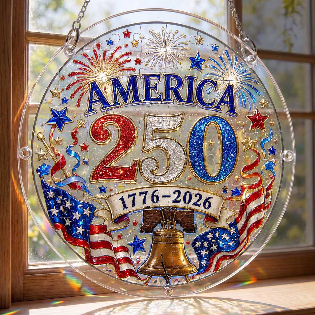 America 250 Acrylic Puzzle Suncatcher Ornament – 1776–2026 Patriotic Hanging Window Décor with Fireworks
