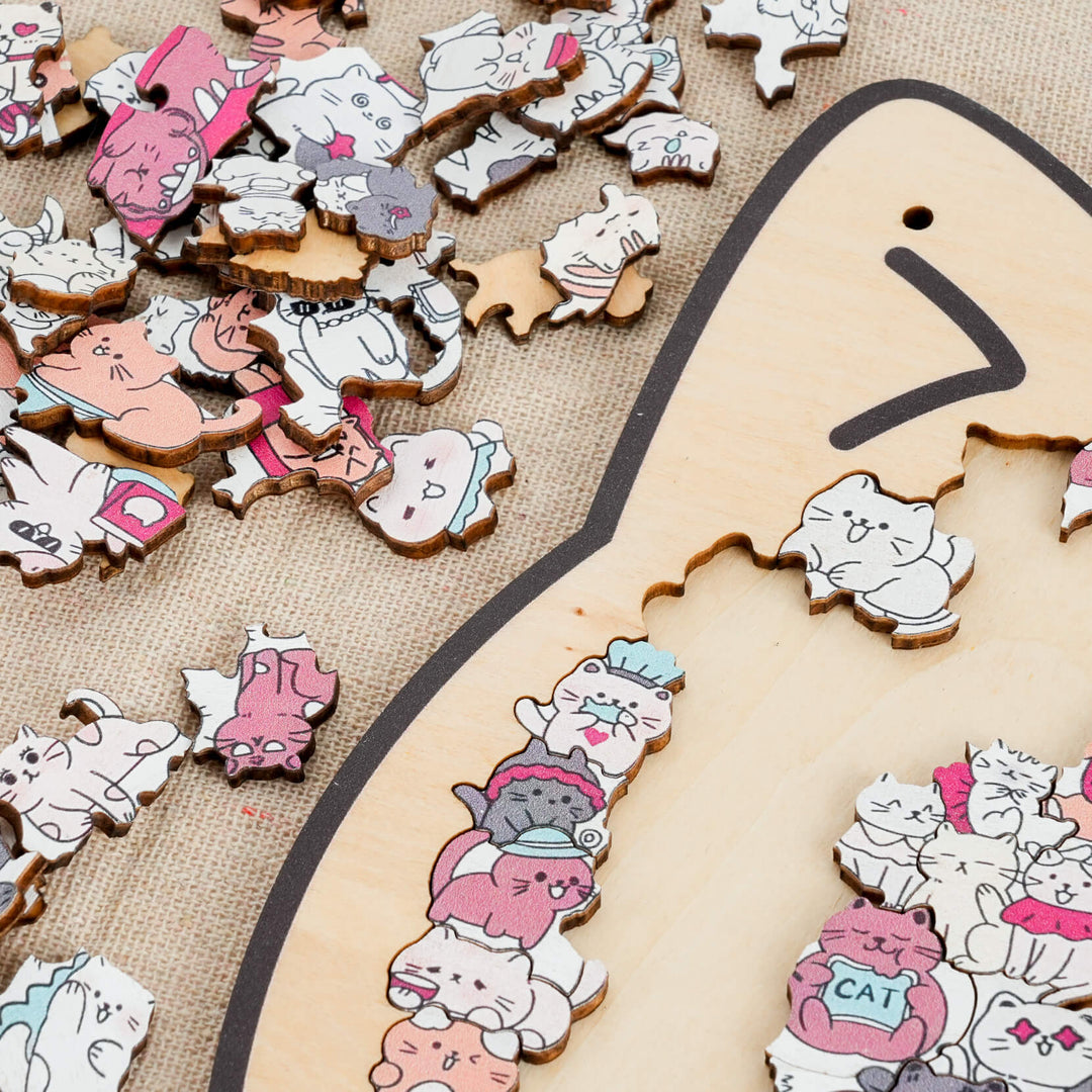 Morandi-Colored Lovely Cat Shaped Wooden Jigsaw Puzzle