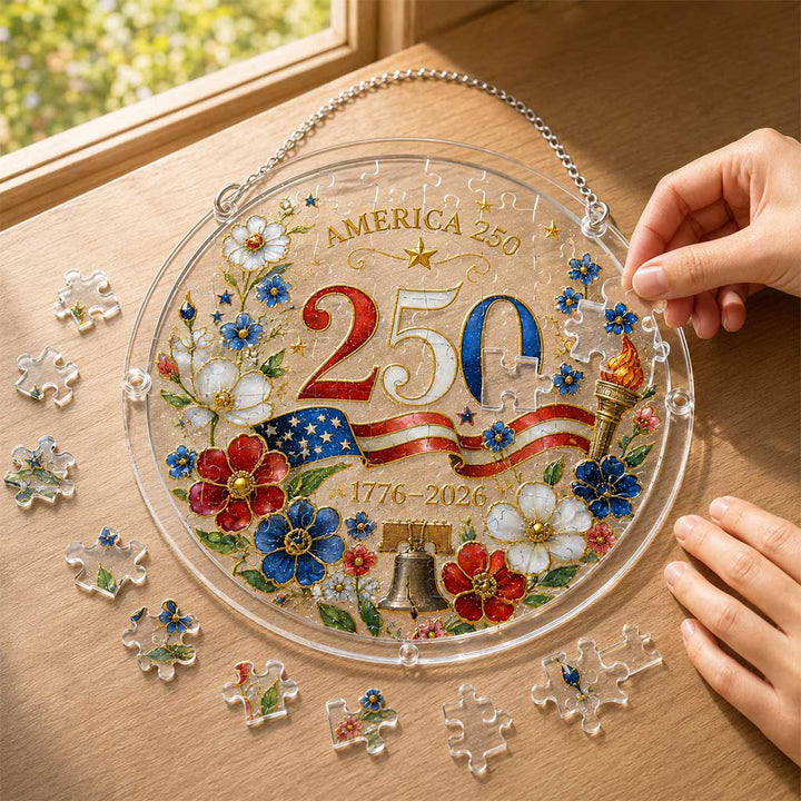 America 250 Acrylic Puzzle Hanging Ornament – 1776–2026 Patriotic Window Suncatcher with Floral Flag, Liberty Bell & Torch Design