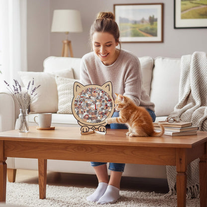Morandi-Colored Cozy Cat Shaped Wooden Jigsaw Puzzle