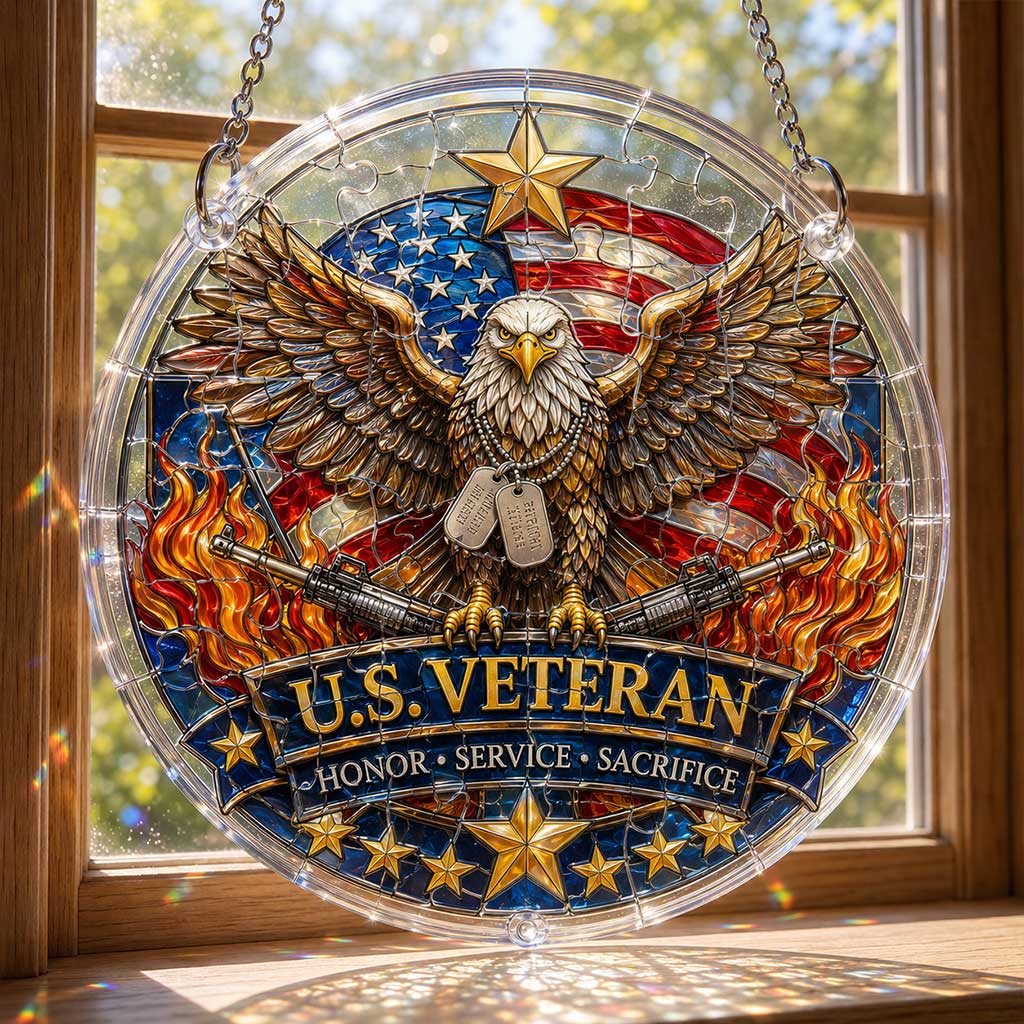 U.S. Veteran Eagle Acrylic Puzzle Hanging Ornament – Patriotic Window Suncatcher with American Flag, Honor Service Sacrifice Decor