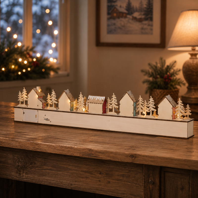 Home Reflections Christmas Village Advent Calendar – DIY Wooden Countdown Decoration with LED Lights, Music & 24 Gift Drawers