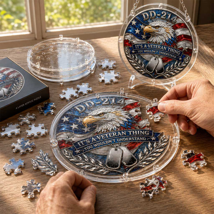 DD-214 Veteran Acrylic Puzzle Hanging Ornament – Patriotic Eagle Window Suncatcher Gift for Veterans