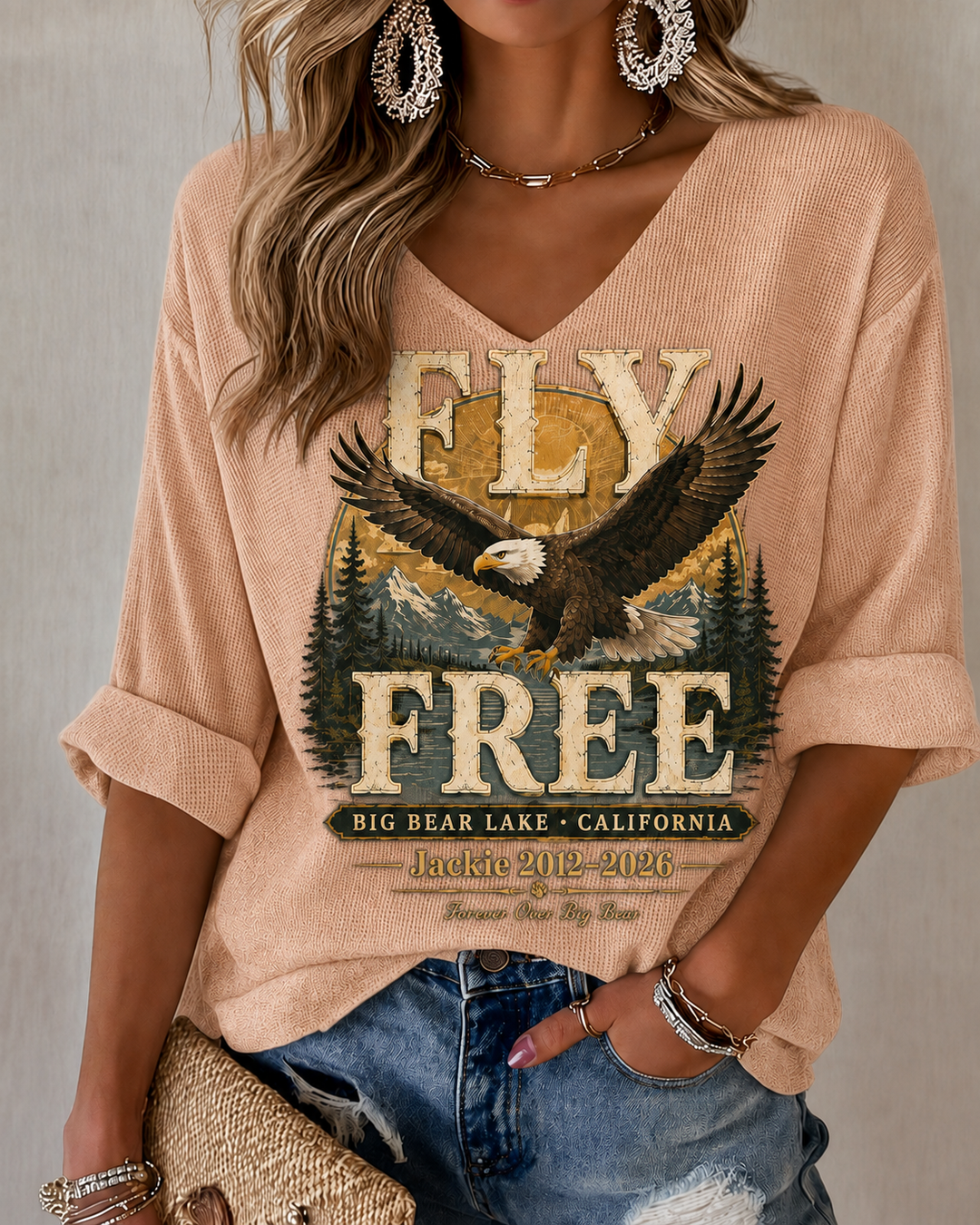 Women'S V-Neck Retro Forever Free Jackie Print T-Shirt