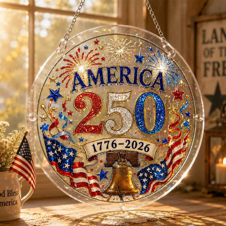 America 250 Acrylic Puzzle Suncatcher Ornament – 1776–2026 Patriotic Hanging Window Décor with Fireworks