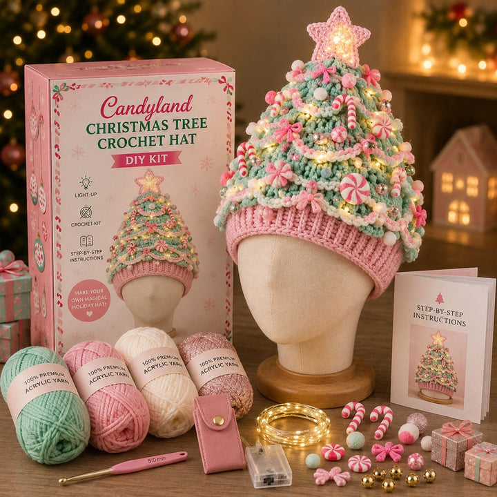⏳ Last Day 49% OFF – 🎄Beginner-Friendly Light-Up Christmas Tree Crochet Hat DIY Kit 💕