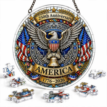 America 250th Anniversary Acrylic Puzzle Hanging Ornament – Patriotic Eagle, Liberty Bell & American Flag Suncatcher Decoration, 1776–2026 Commemorative Gift