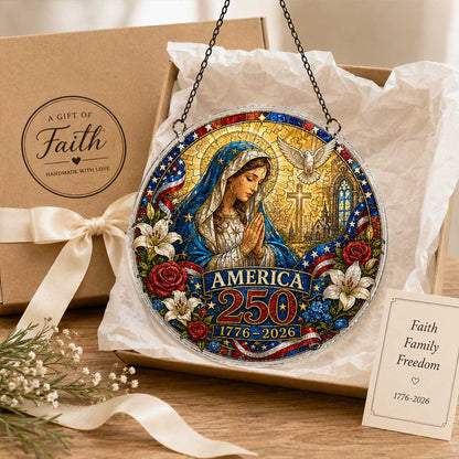 America 250 Acrylic Puzzle Window Hanging Ornament – 1776–2026 Patriotic Stained Glass Style Madonna & Child Suncatcher Decor