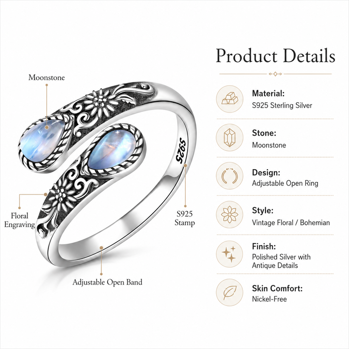 Vintage Moonlight Ring Collection | Adjustable Floral & Nature-Inspired Designs