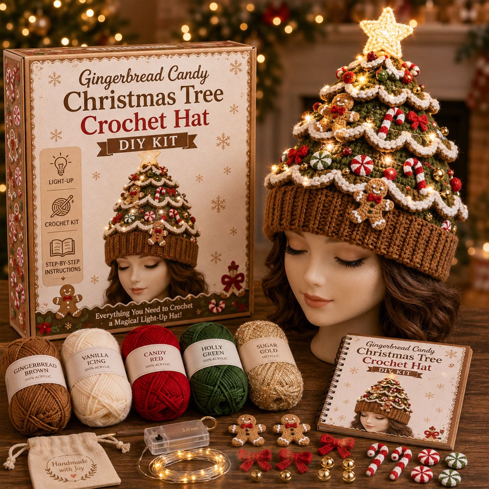 ⏳ Last Day 49% OFF – 🎄Beginner-Friendly Light-Up Christmas Tree Crochet Hat DIY Kit 💕