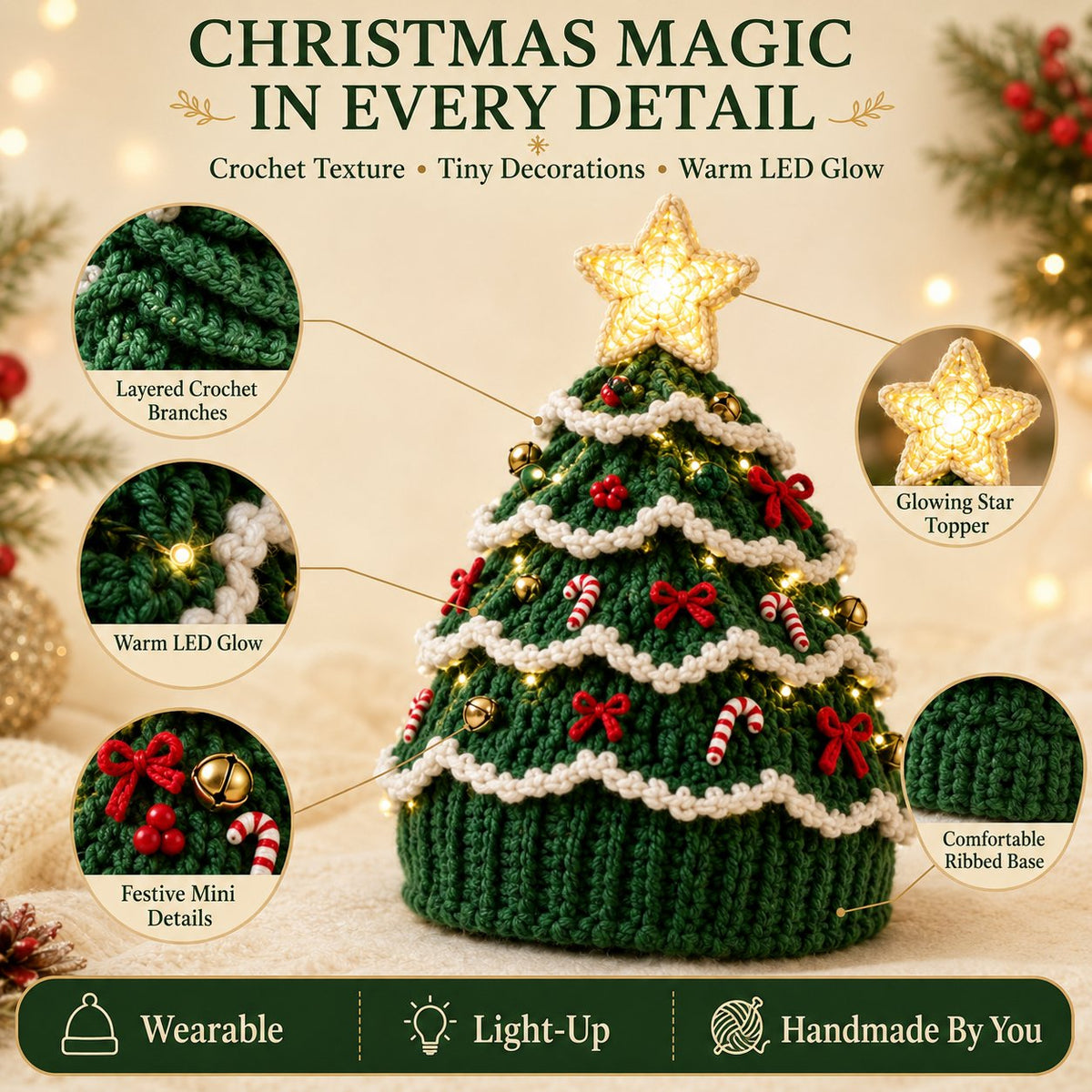 ⏳ Last Day 49% OFF – 🎄Beginner-Friendly Light-Up Christmas Tree Crochet Hat DIY Kit 💕