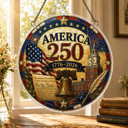 America 250 Acrylic Puzzle Ornament – 1776–2026 Patriotic Hanging Decoration with Eagle, Liberty Bell & Floral Independence Design