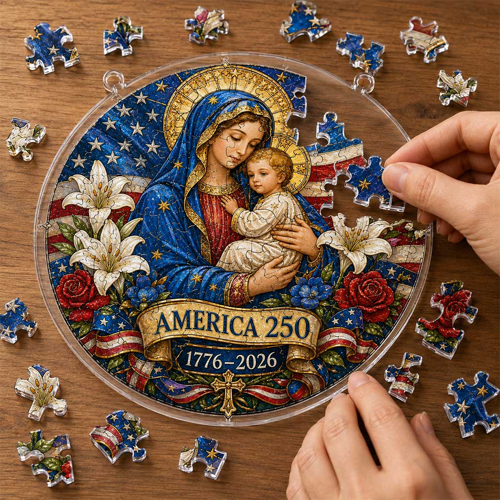 America 250 Acrylic Puzzle Hanging Ornament – Virgin Mary & Baby Jesus Patriotic Stained Glass Window Decor, 1776–2026 Commemorative Keepsake Gift
