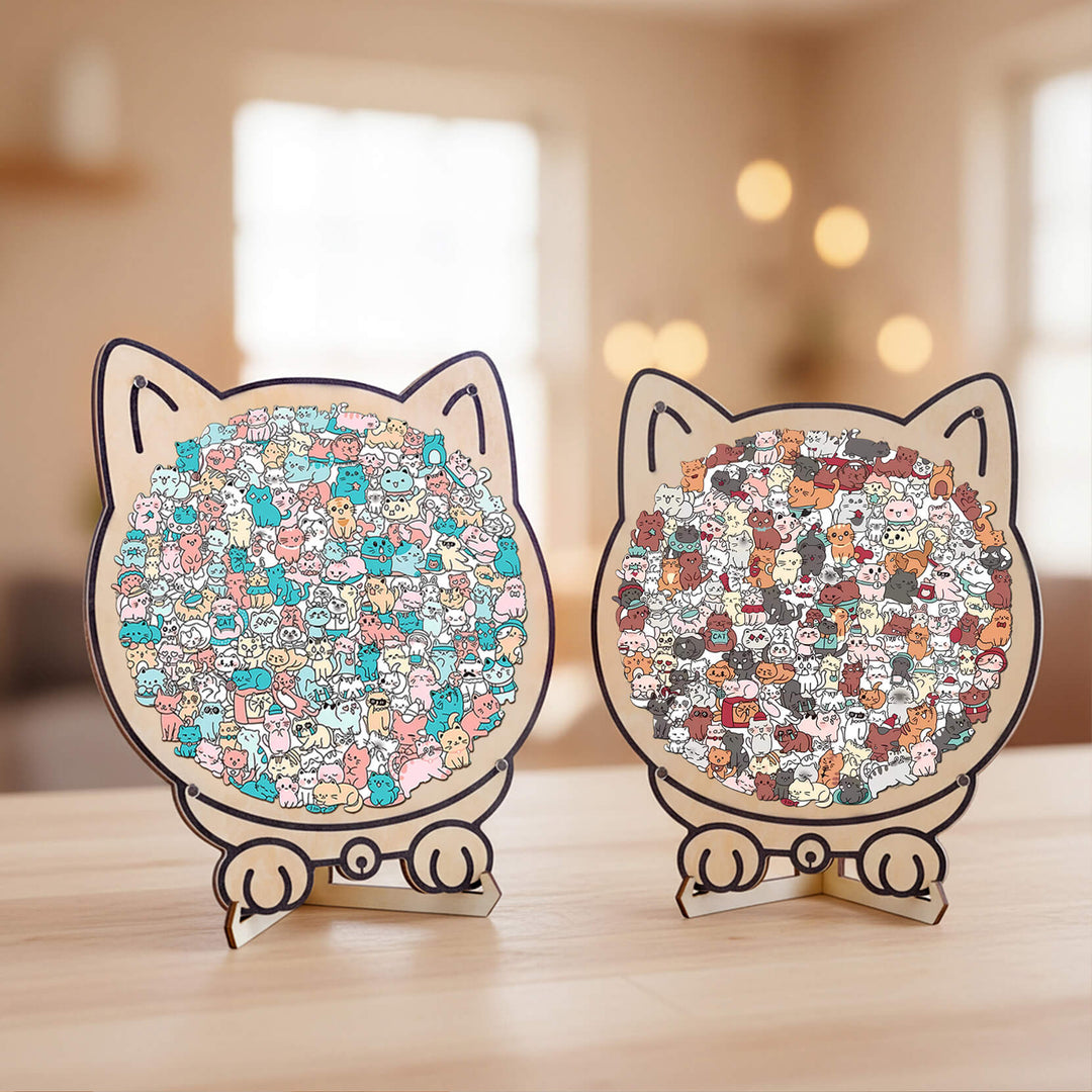 Morandi-Colored Lovely Cat Shaped Wooden Jigsaw Puzzle