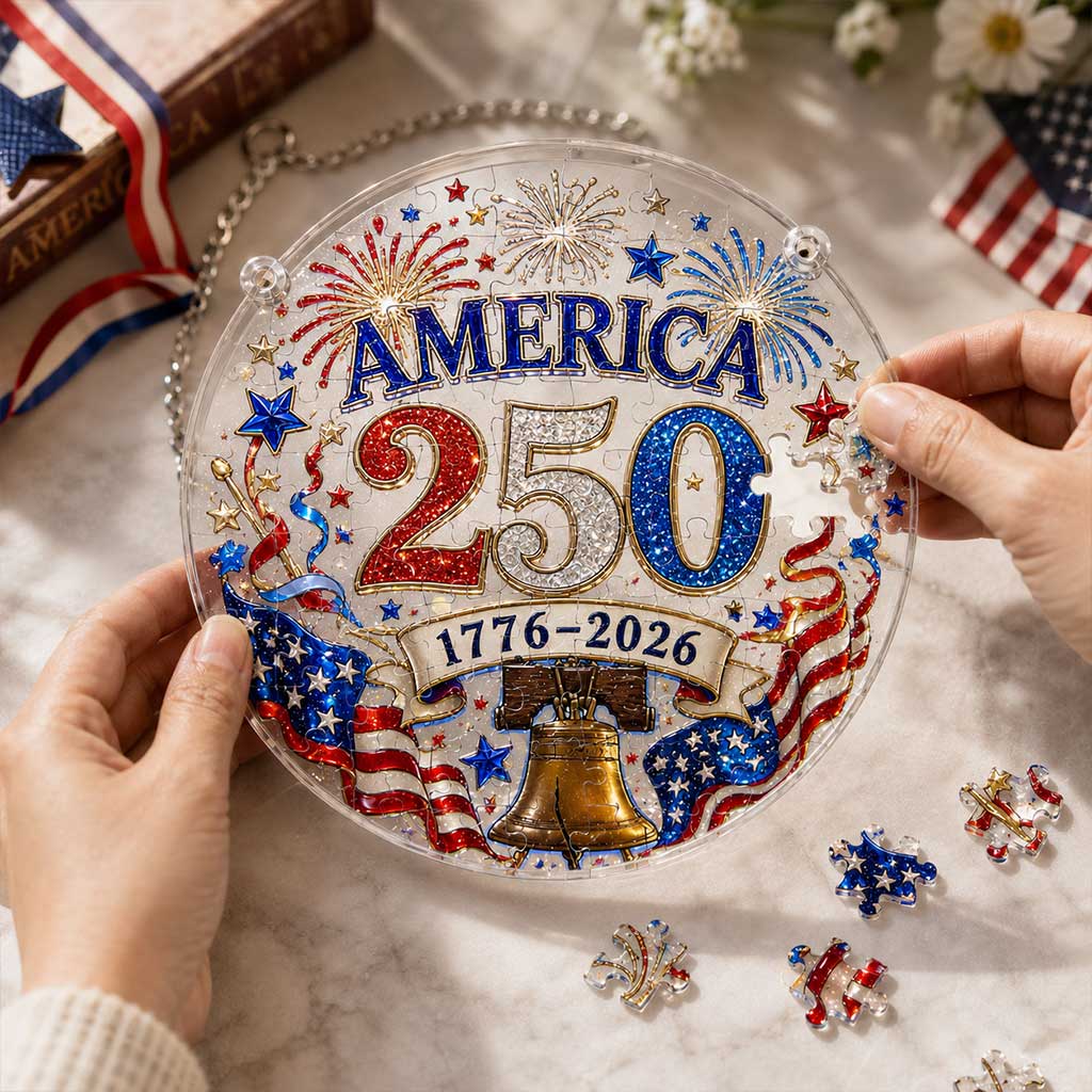 America 250 Acrylic Puzzle Suncatcher Ornament – 1776–2026 Patriotic Hanging Window Décor with Fireworks