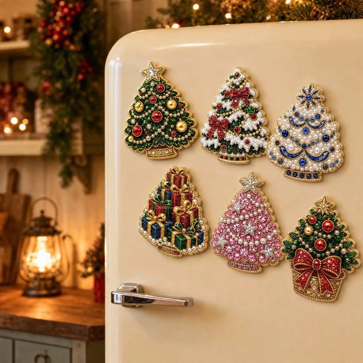 6pcs DIY Colorful Tree Ornaments Pearls Diamond Painting Fridge Magnet Christmas Decor