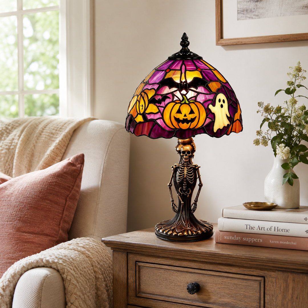 👻Spooky Glow Tiffany Lamp Pumpkin Ghost Bat Halloween Desk Light