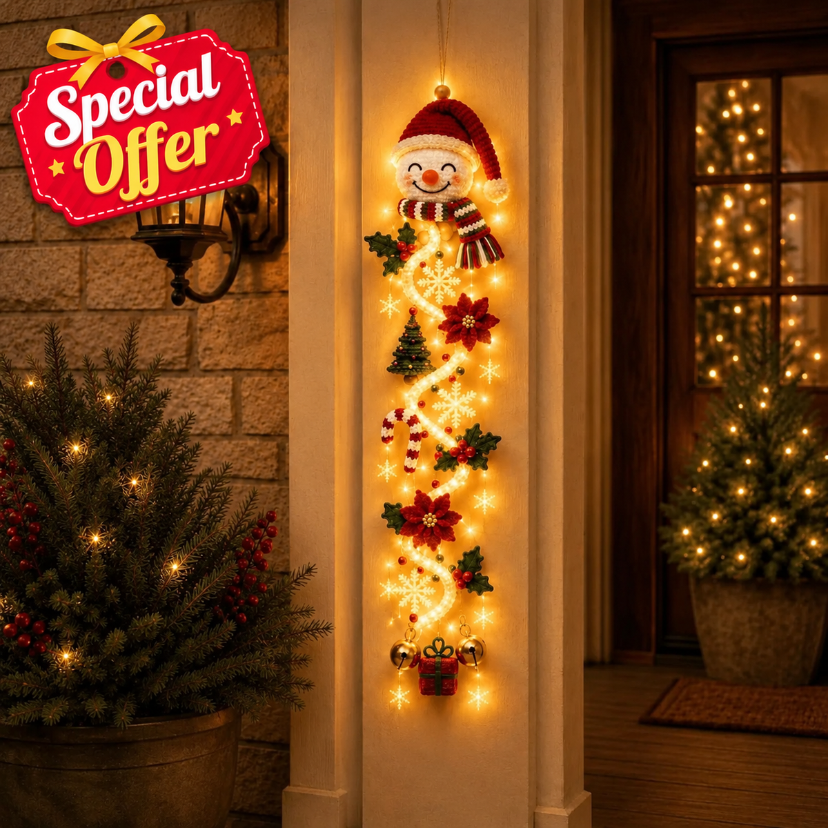 🎄MerryCascade™ Glowing Christmas Door Hanger | 6 Festive Lighted Designs with Warm Glow, Dimensional Details & Space-Saving Vertical Décor ✨
