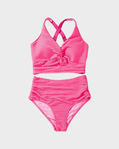 Textured Knot-Front High-Waisted Bikini Set