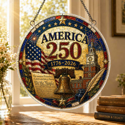 America 250 Acrylic Puzzle Ornament – 1776–2026 Patriotic Hanging Decoration with Eagle, Liberty Bell & Floral Independence Design