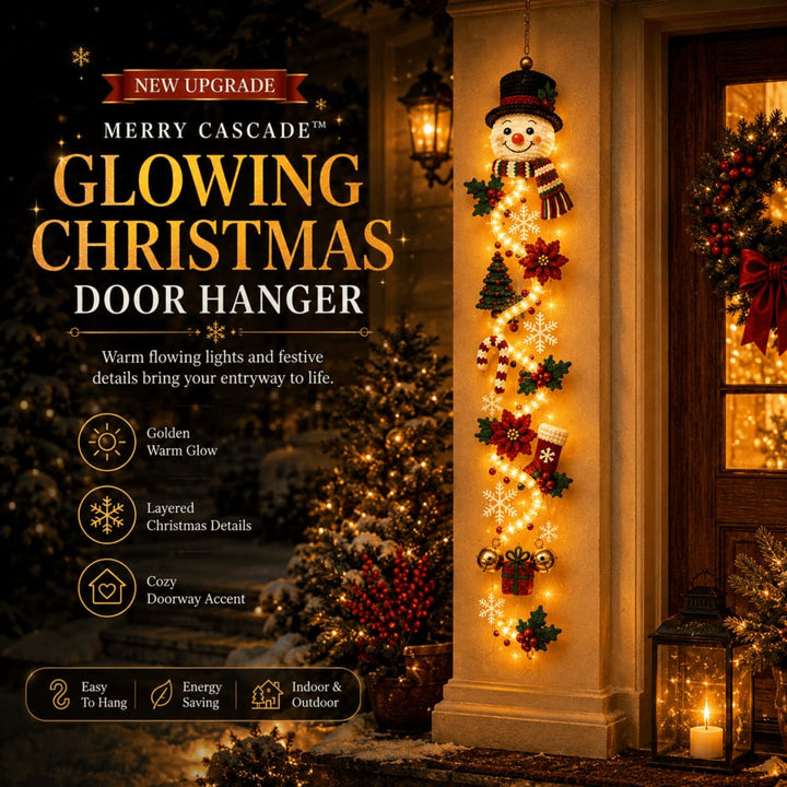 🎄MerryCascade™ Glowing Christmas Door Hanger | 6 Festive Lighted Designs with Warm Glow, Dimensional Details & Space-Saving Vertical Décor ✨