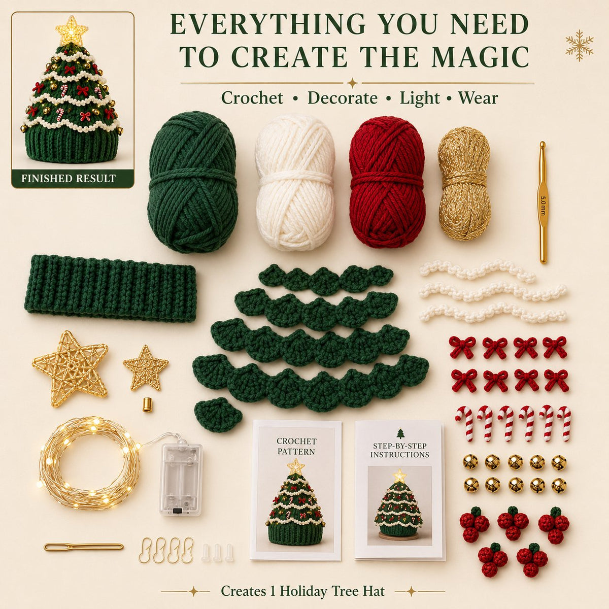 ⏳ Last Day 49% OFF – 🎄Beginner-Friendly Light-Up Christmas Tree Crochet Hat DIY Kit 💕