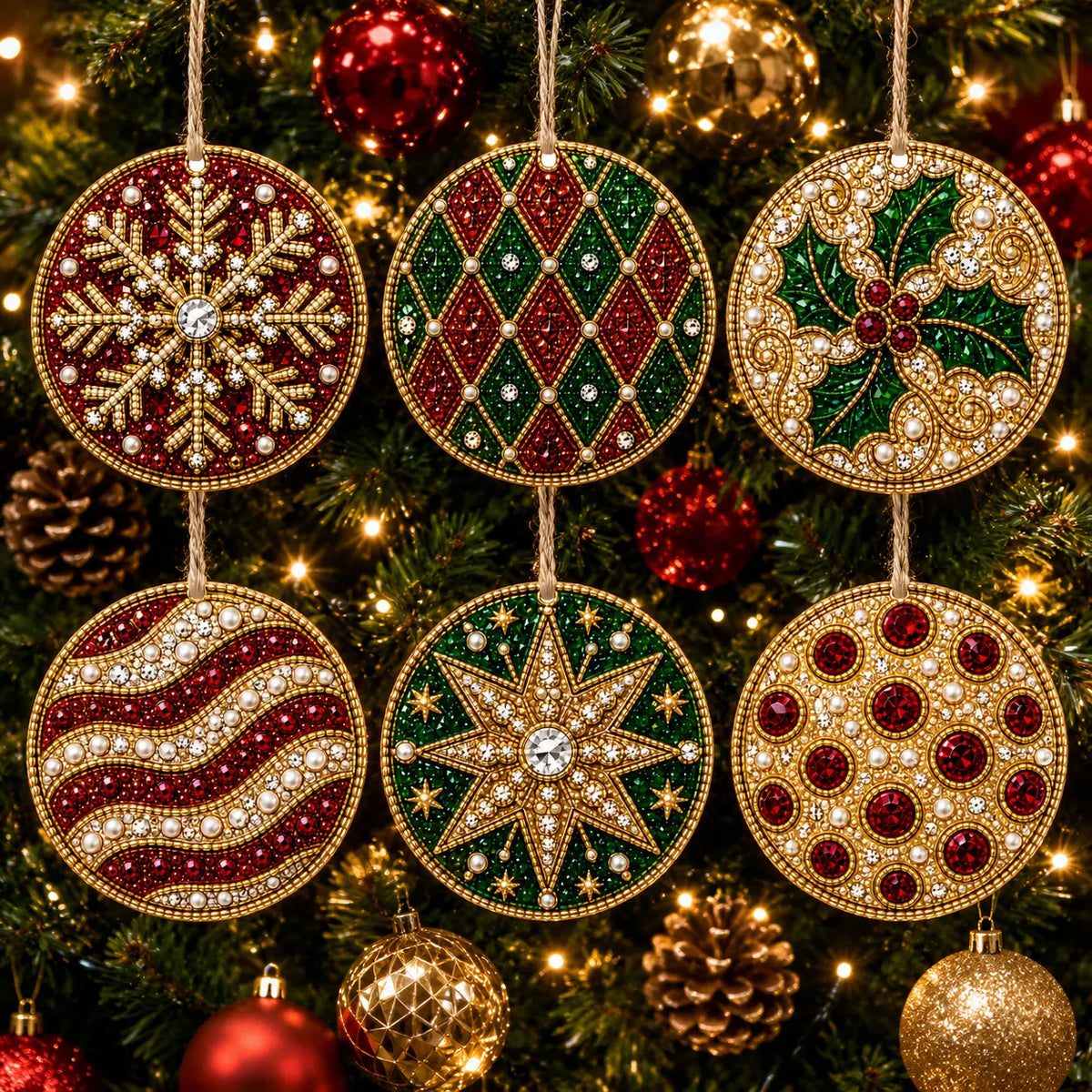 6 Pcs Christmas Wooden Ornaments DIY Pearls Diamond Painting Kit Rhinestone Art Pendants with Hemp Rope for Holiday Tree Decor