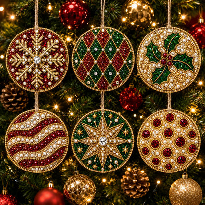6 Pcs Christmas Wooden Ornaments DIY Pearls Diamond Painting Kit Rhinestone Art Pendants with Hemp Rope for Holiday Tree Decor