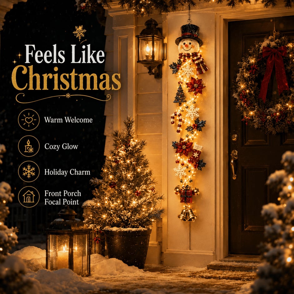 🎄MerryCascade™ Glowing Christmas Door Hanger | 6 Festive Lighted Designs with Warm Glow, Dimensional Details & Space-Saving Vertical Décor ✨