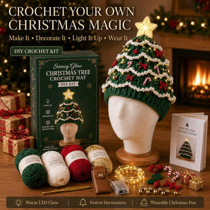 ⏳ Last Day 49% OFF – 🎄Beginner-Friendly Light-Up Christmas Tree Crochet Hat DIY Kit 💕