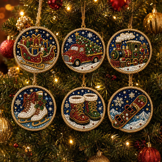6 Pcs Christmas Wooden Ornaments DIY Pearls Diamond Painting Kit Rhinestone Art Pendants with Hemp Rope for Holiday Tree Decor