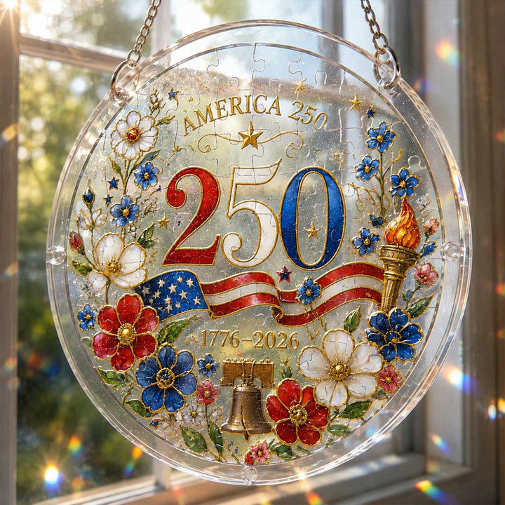 America 250 Acrylic Puzzle Hanging Ornament – 1776–2026 Patriotic Window Suncatcher with Floral Flag, Liberty Bell & Torch Design