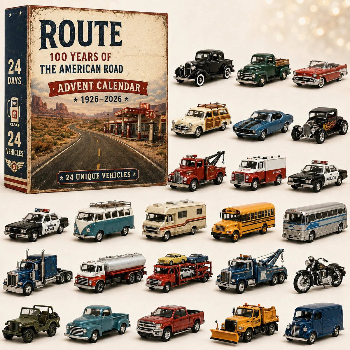✨ Route 66 Centennial Advent Calendar – 24 Days of American Road Legends | 1926–2026 Collector’s Edition