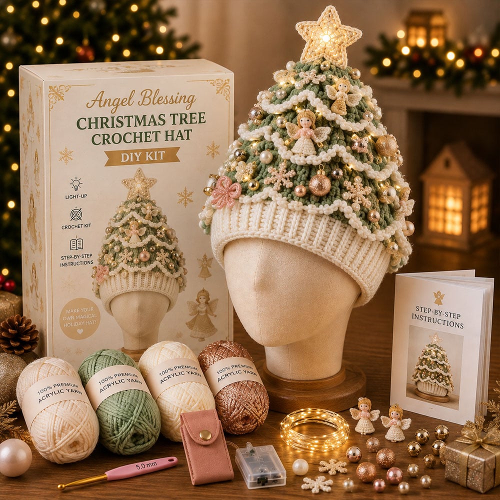 ⏳ Last Day 49% OFF – 🎄Beginner-Friendly Light-Up Christmas Tree Crochet Hat DIY Kit 💕