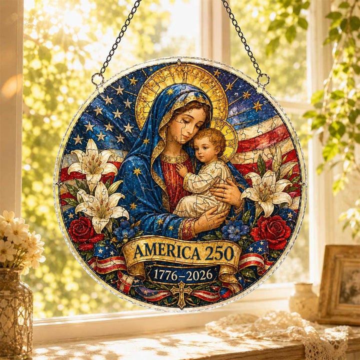 America 250 Acrylic Puzzle Hanging Ornament – Virgin Mary & Baby Jesus Patriotic Stained Glass Window Decor, 1776–2026 Commemorative Keepsake Gift