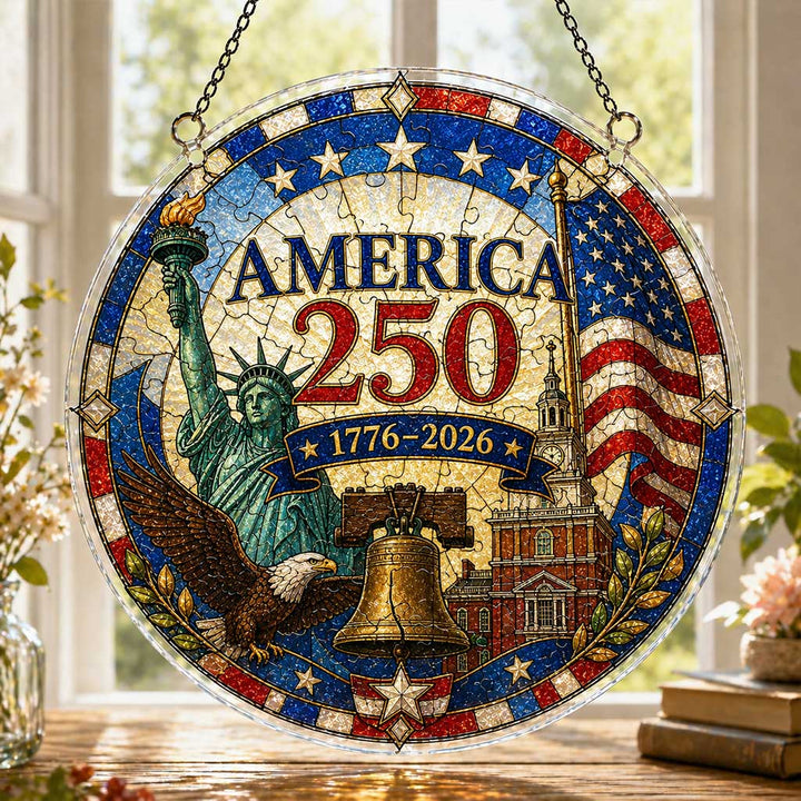 America 250 Acrylic Puzzle Hanging Ornament – 1776–2026 Patriotic Suncatcher Window Decoration