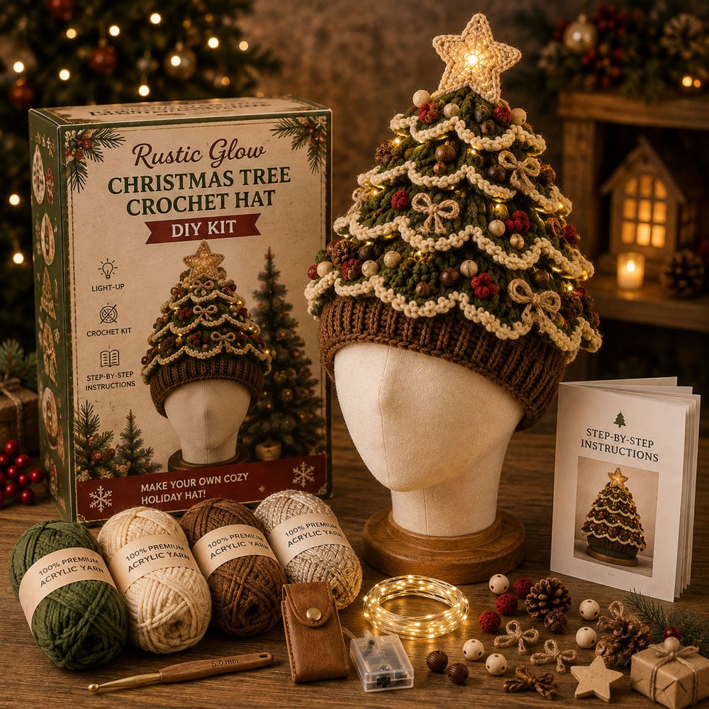 ⏳ Last Day 49% OFF – 🎄Beginner-Friendly Light-Up Christmas Tree Crochet Hat DIY Kit 💕